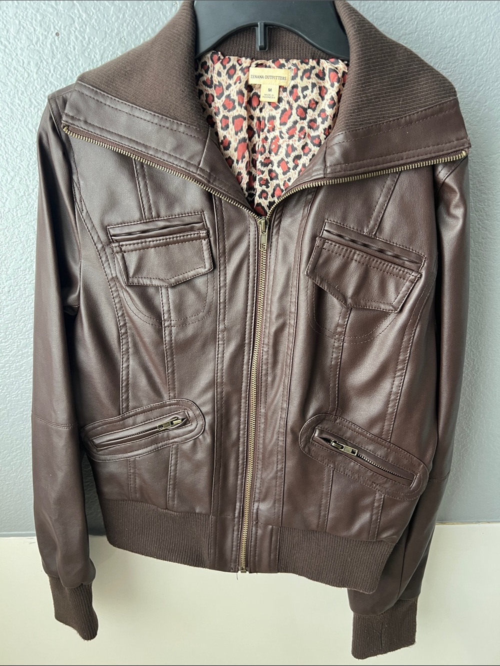 ZENANA OUTFITTERS Brown Faux Leather Jacket with Leopard Print Lining - Picture 3 of 4